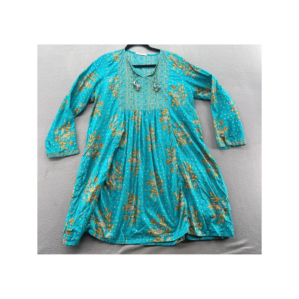 Generation Basic Teal Gold Floral Embroidered Tassel Tunic Dress Size 16 Boho